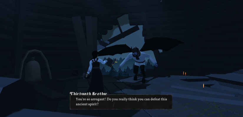 boss being arrogant to the player as the battle begins at the top of the windmill.