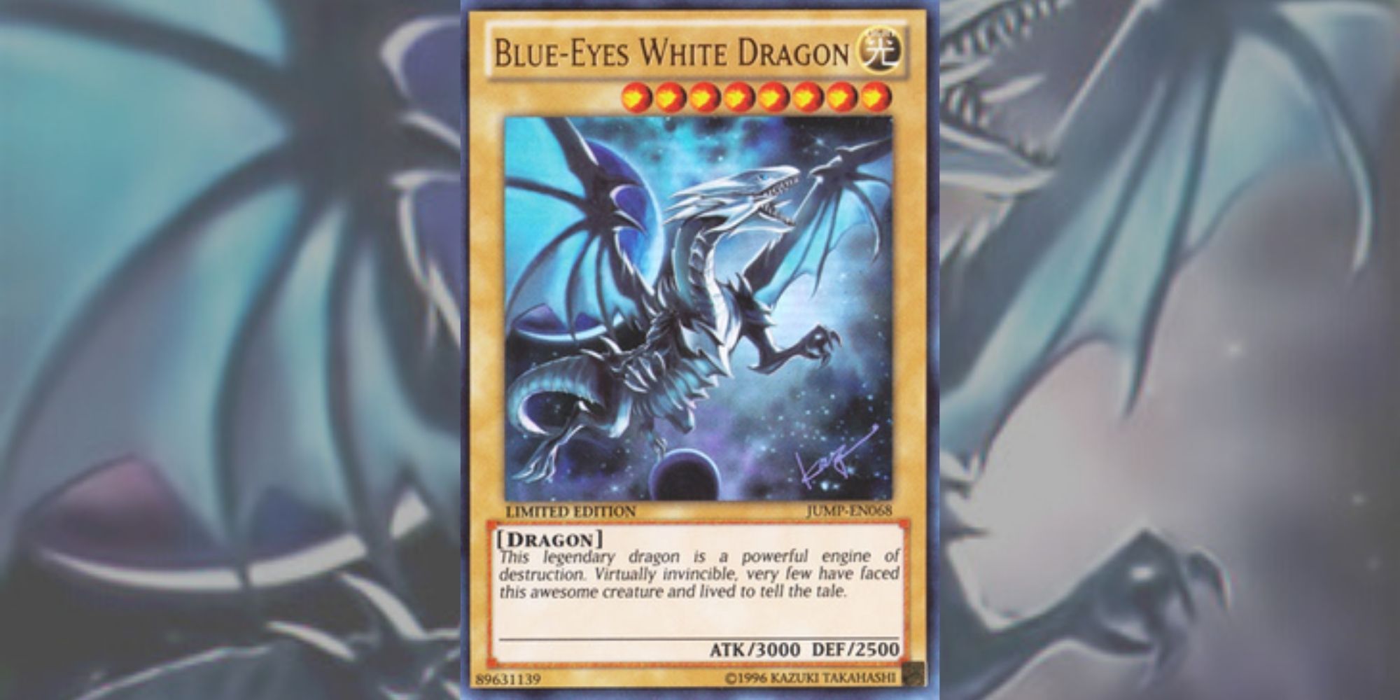 Yu-Gi-Oh! Card Blue-Eyes White Dragon against background made from card art.