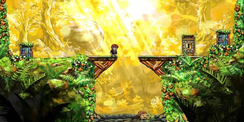 Braid protgaonist standing on a bridge