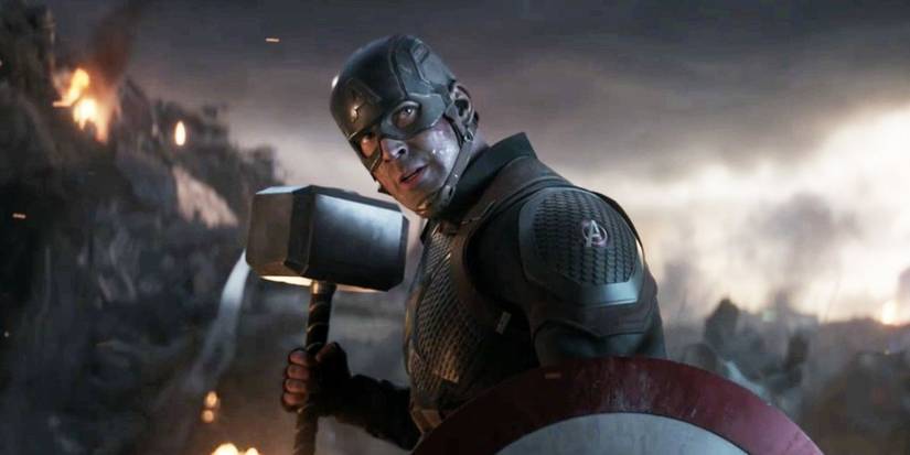 Avengers Endgame Captain America holding Thor's hammer