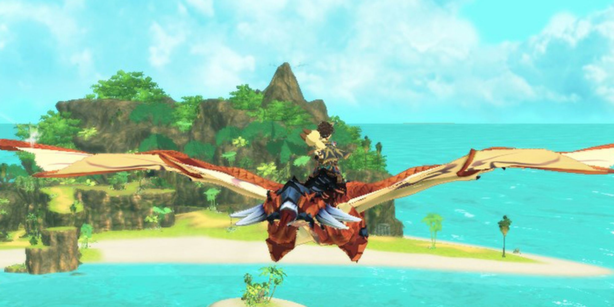 Player Character In Monster Hunter Stories 2 Using Their Monstie Companion To Fly Over Vast Distances Quickly Using The Available Fly Riding Action