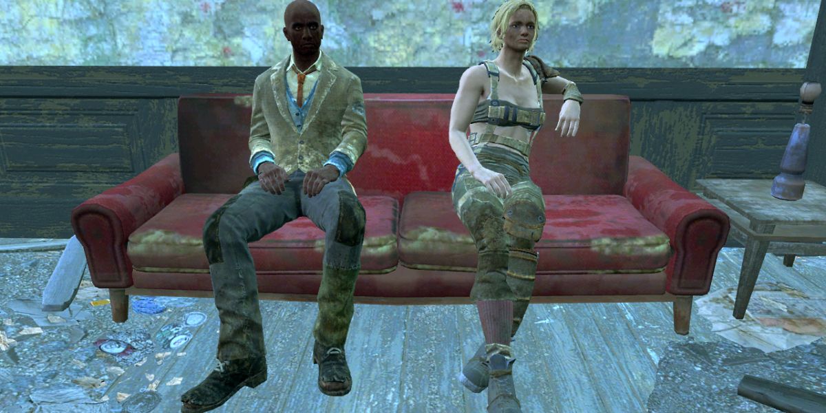 characters sitting on a couch in Fallout 4