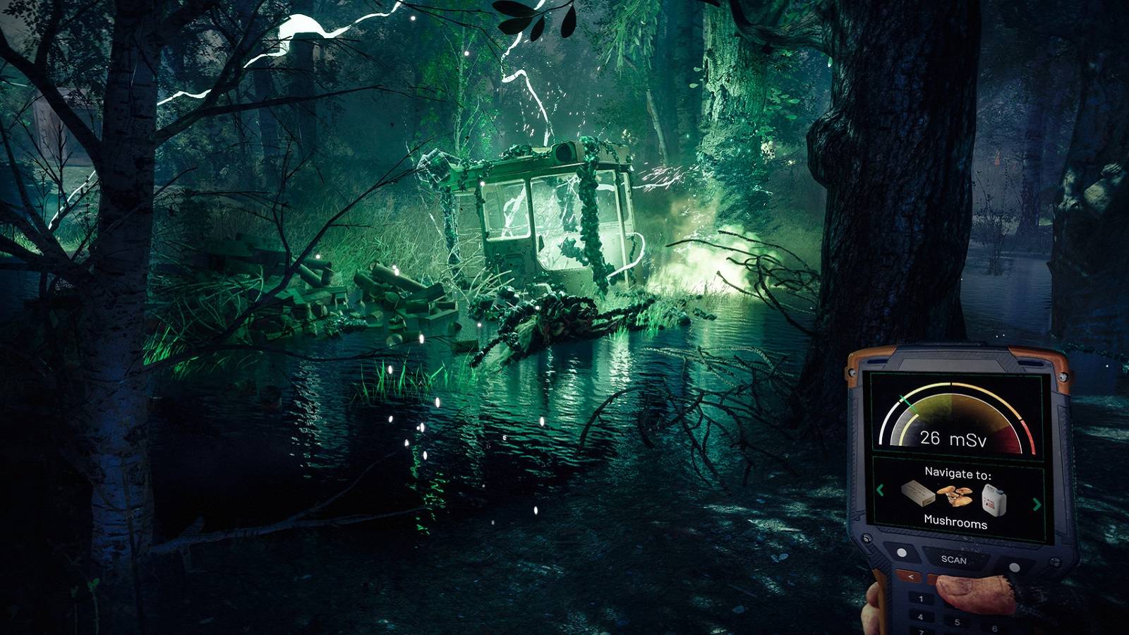 Screenshot from Chernobylite showing the player holding a radiation detector as something glows neon green in the distance.
