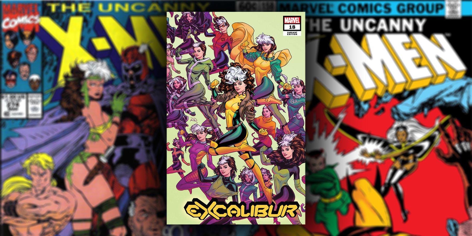 Several comics covers with Rogue from the X-Men. The centered cover features her outfits from her publication history.