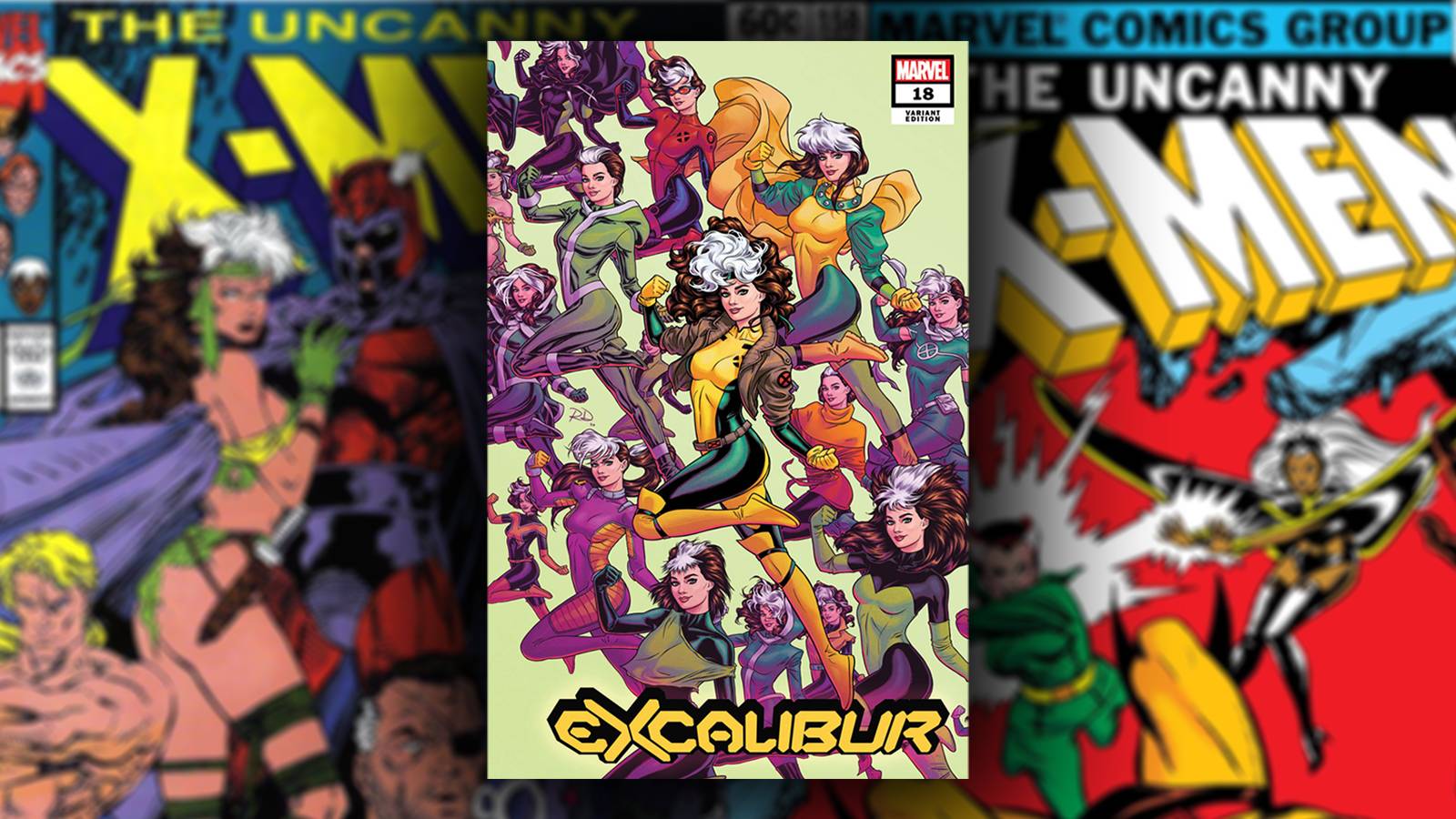 Several comics covers with Rogue from the X-Men. The centered cover features her outfits from her publication history.