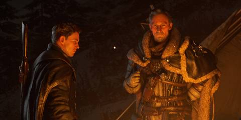 Two Crimson Desert characters talking by a fire