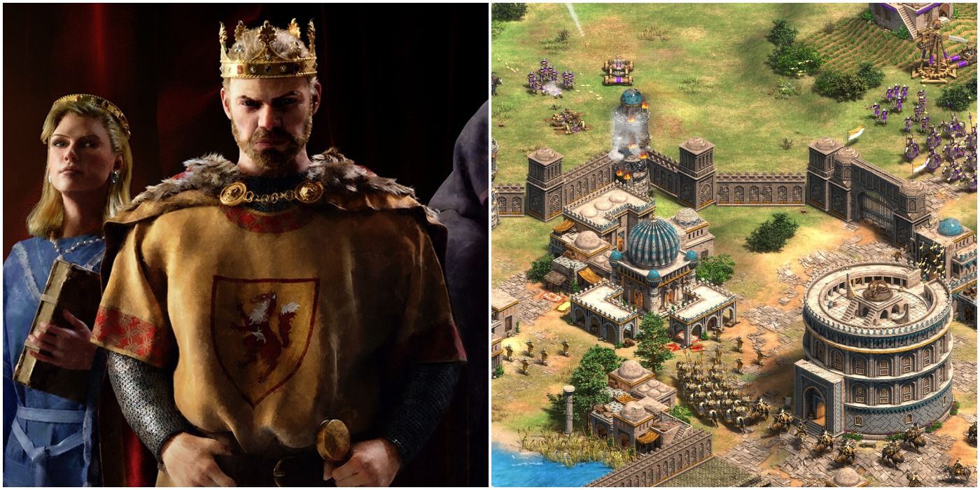 (Left) Crusader Kings 3 front cover with a Man and Woman (Right) Age of Empires 2: Definitive Edition buildings and units