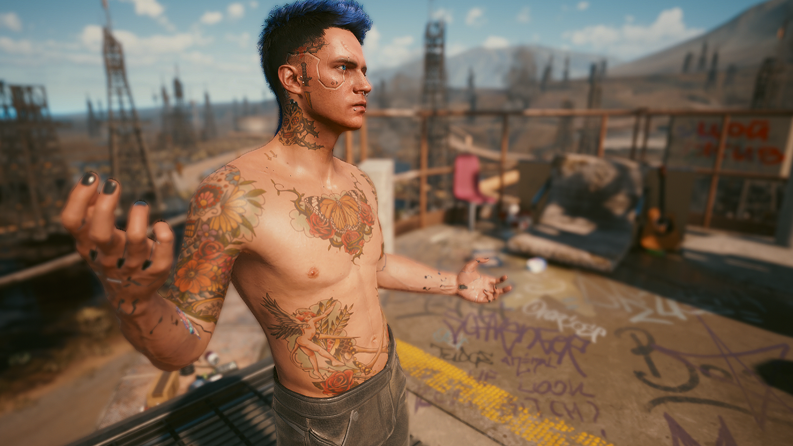 Screenshot from Cyberpunk 2077 showing a topless guy with a lot of tattoos.