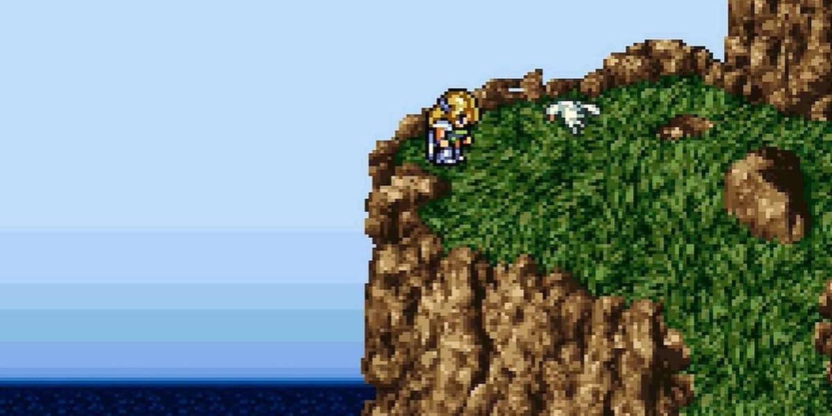 The moments before Celes jumps off a cliff in Final Fantasy VI