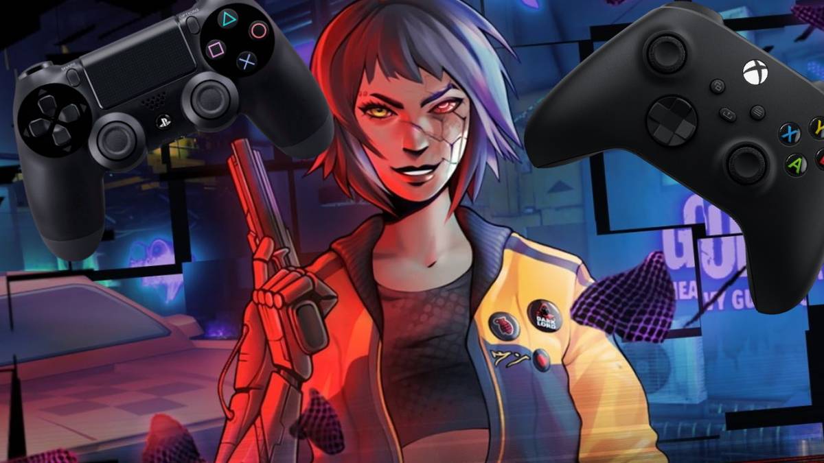 glitchpunk promotional art female protgoinst with gun ps4 xbox series controller