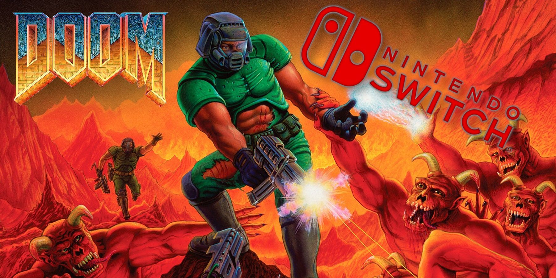 The artwork from Doom showing Doom Guy shooting monsters, with the Nintendo Switch logo in the top corner.