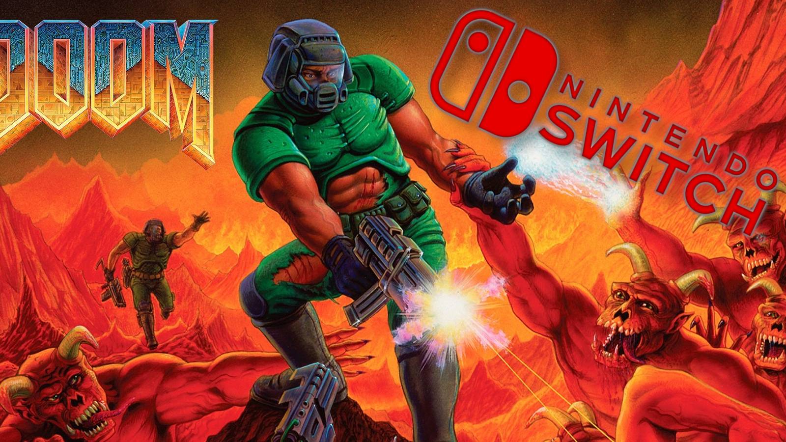 The artwork from Doom showing Doom Guy shooting monsters, with the Nintendo Switch logo in the top corner.