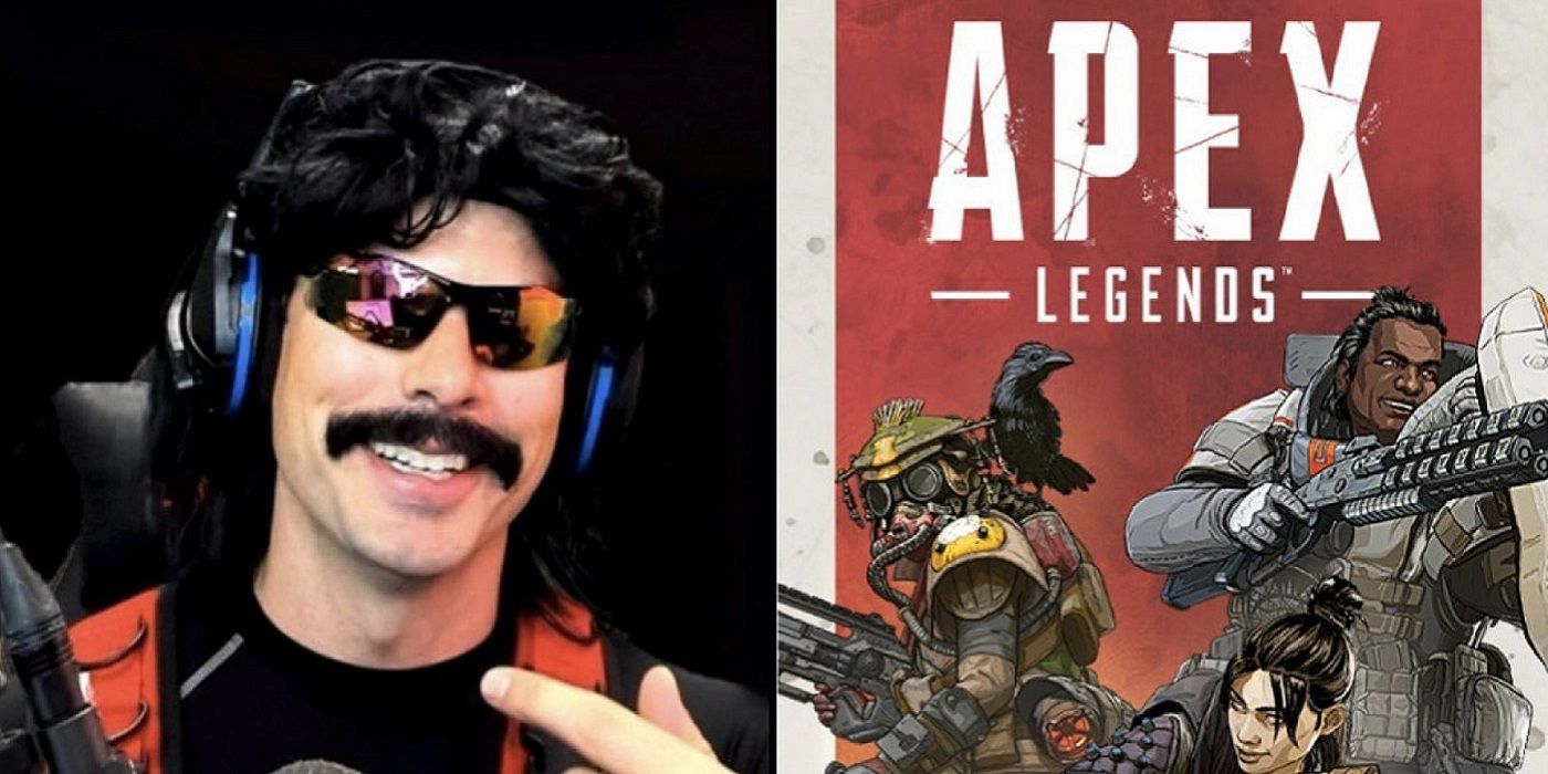 Twitch and YouTube streamer Dr Disrepect next to artwork for Apex Legends.