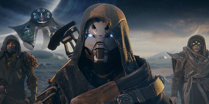 The Exo Stranger, Elsi Bray and her odd Ghost accompanied by the Drifter and Eris Morn in Destiny 2: Beyond Light.