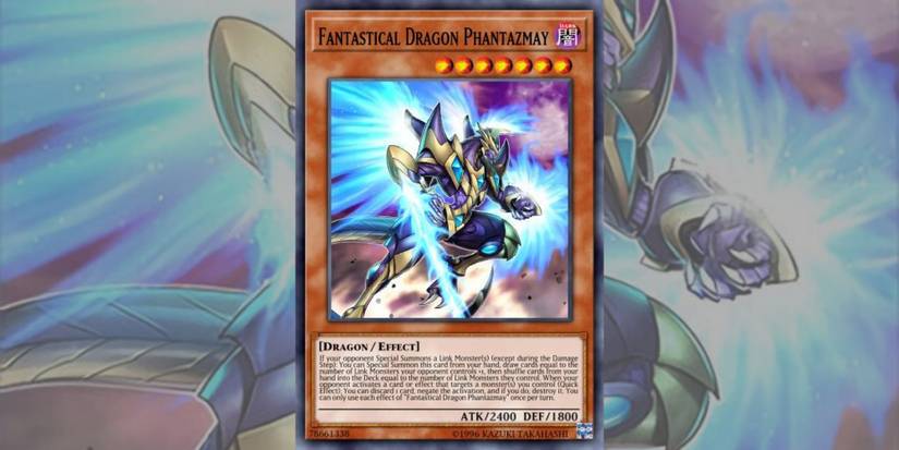 Yu-Gi-Oh! Card Fantastical Dragon Phantazmay against background made from card art.