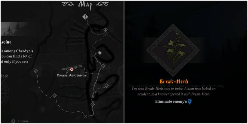 ravine where a break-herb can be found and the item description for it.