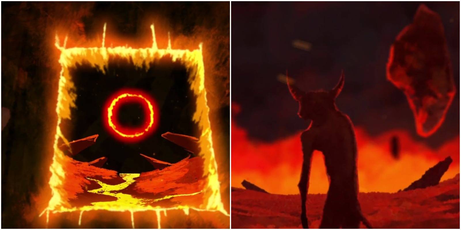 screenshots from a cutscene showing the inside of the black book and a demon in hell.