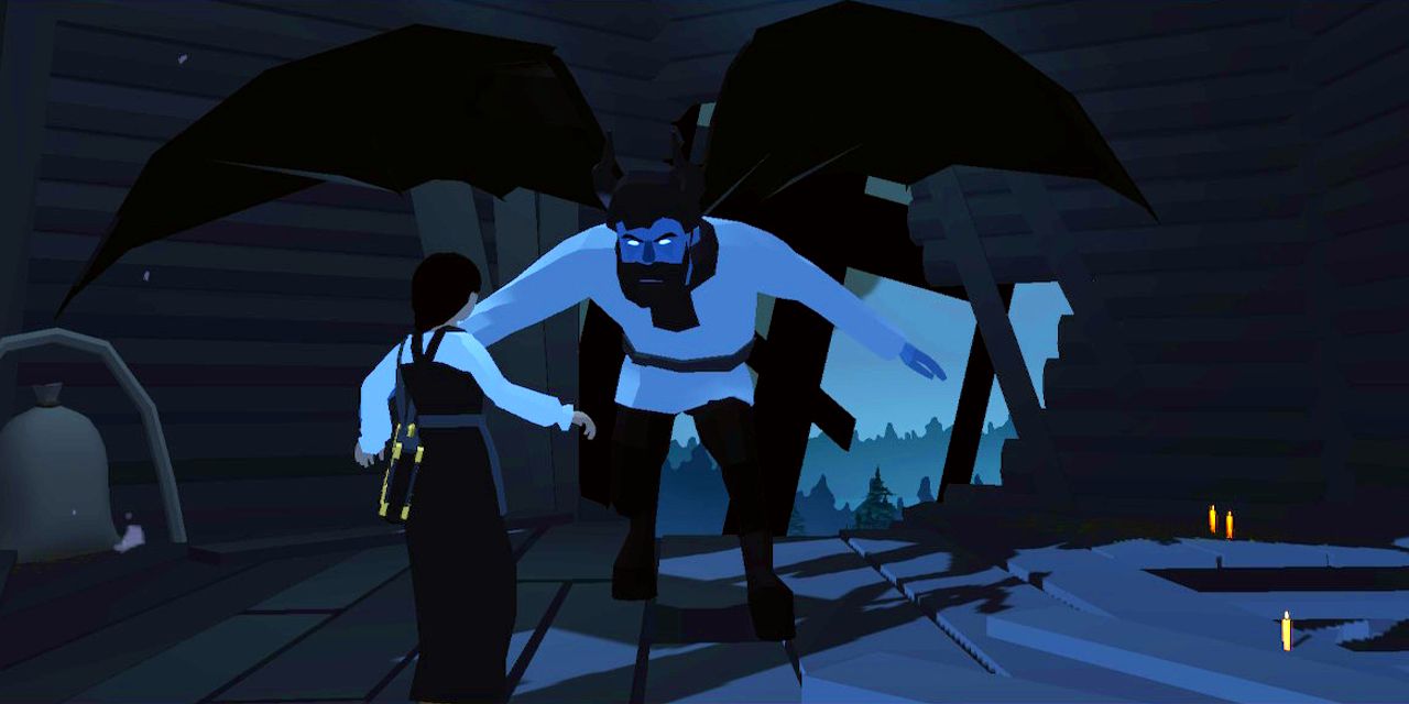 player about to fight the first boss who is a winged demon.