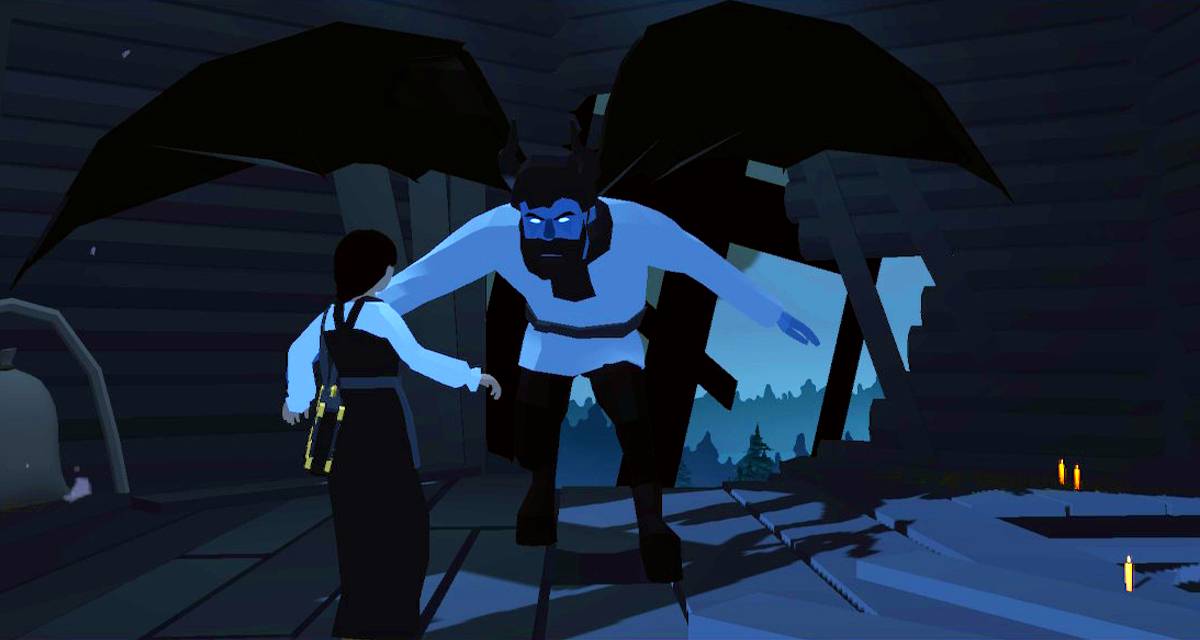 player about to fight the first boss who is a winged demon.