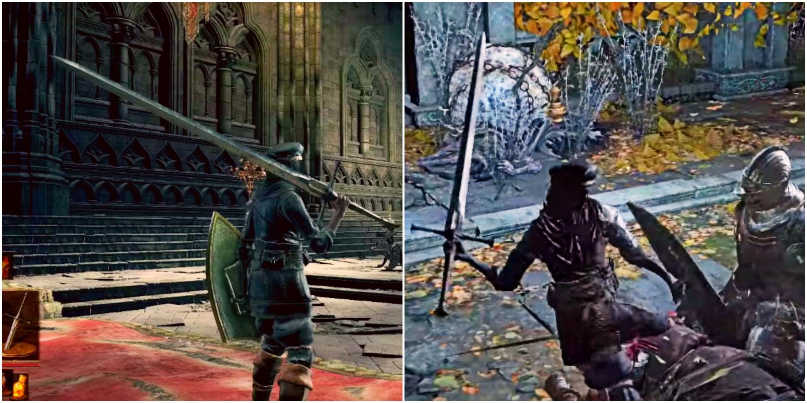 player holding and using the astora greatsword to riposte a lothric knight enemy.