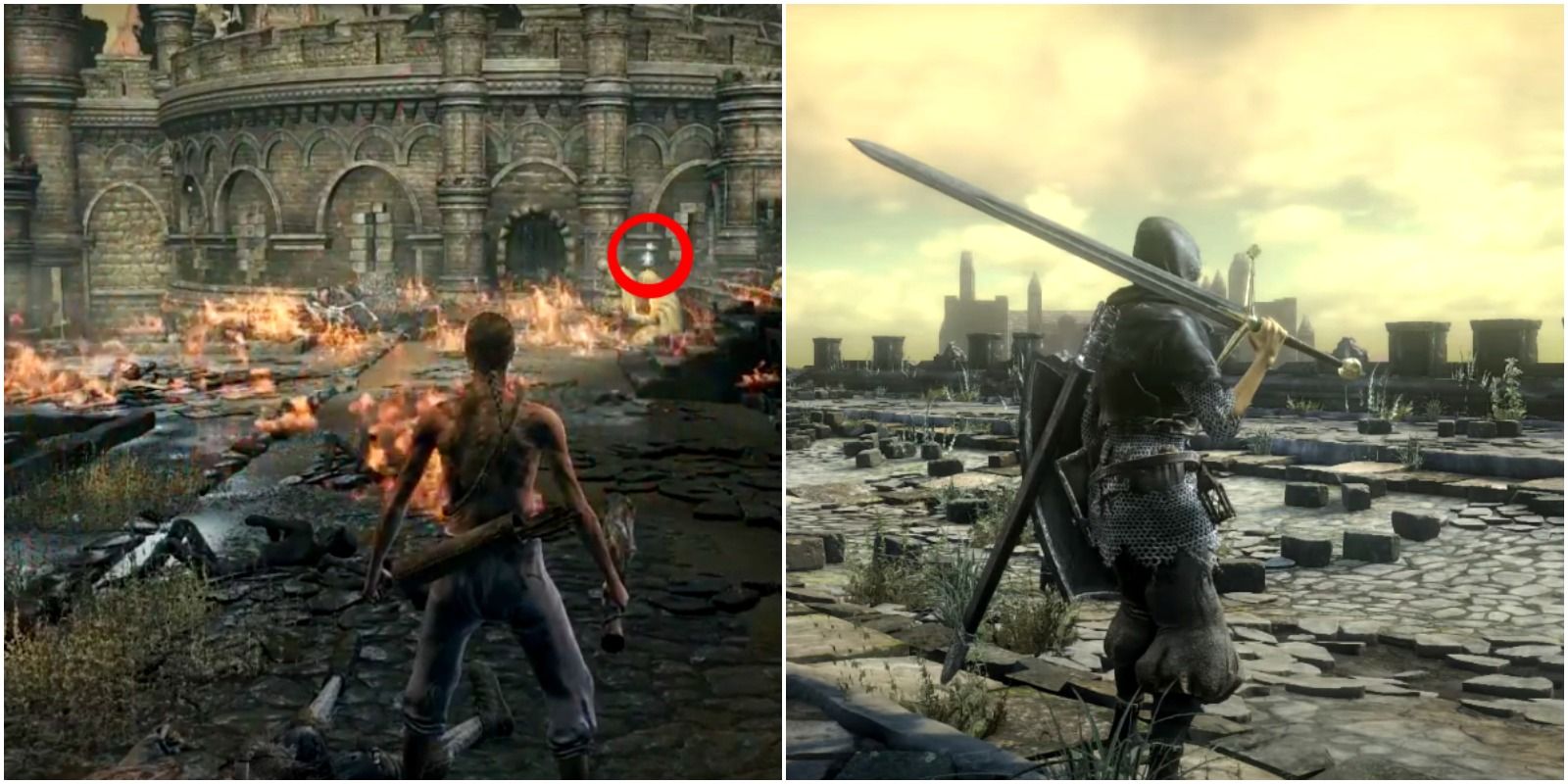 the item lying in fire and the player holding a claymore greatsword.
