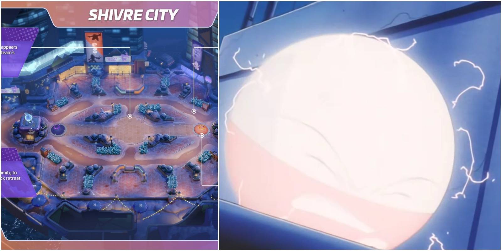 crop of the shivre city map and a shot of electrode in the anime about to explode.