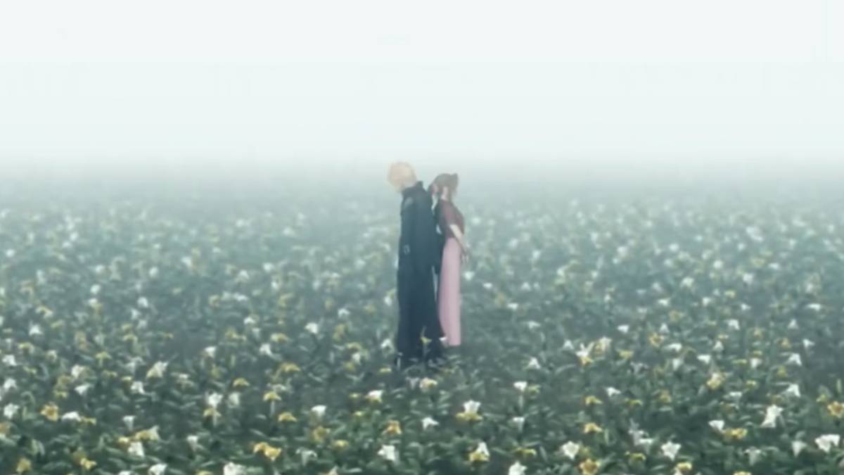 FF7 Advent Children Cloud and Aerith in the flower bed