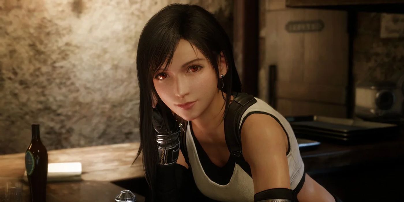 Tifa Lockhart se apoya en una barra en Final Fantasy 7 Remake Part One.