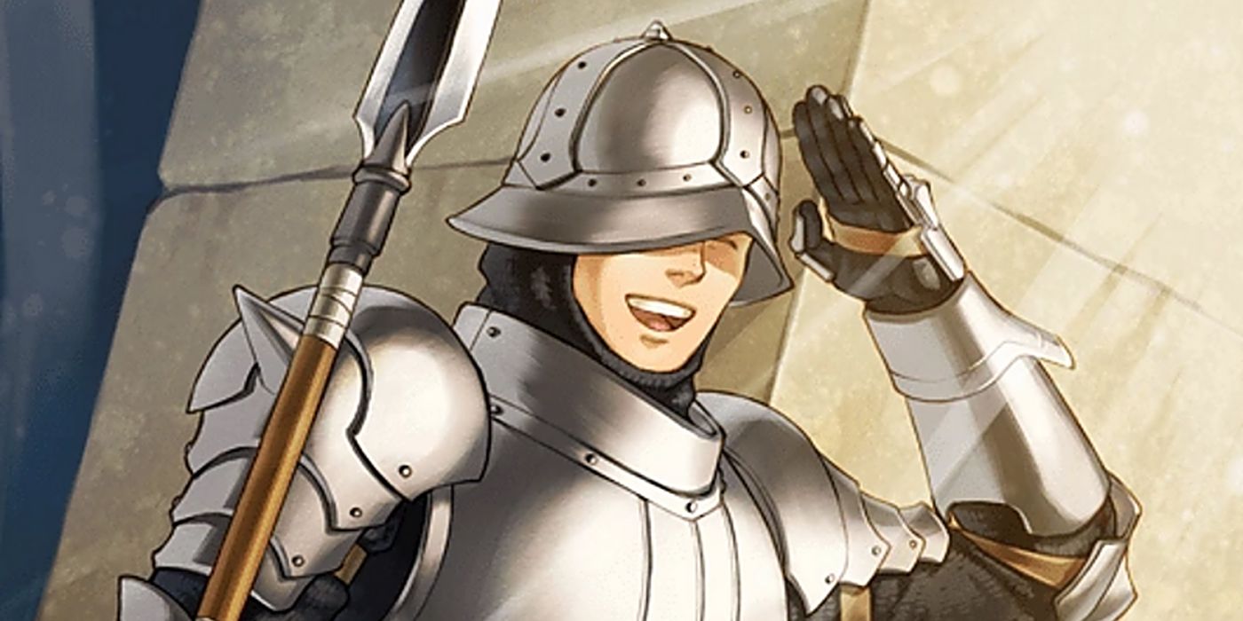 Fire Emblem: Three Houses' Gatekeeper, a knight in armor armed with a lance, salutes.