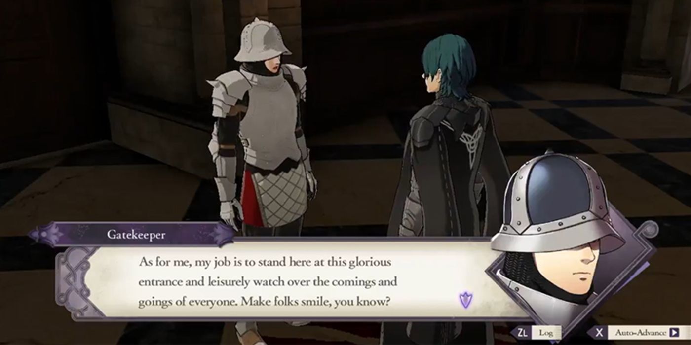 The Gatekeeper and Byleth talk in Fire Emblem: Three Houses.