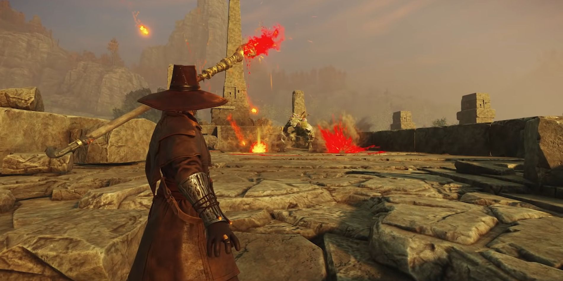 Screenshot of New World MMO player holding a fire staff