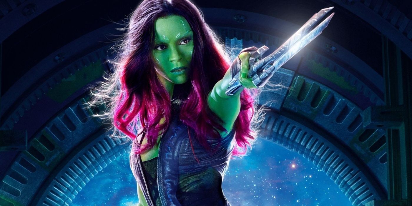 Gamora points her sword in an MCU promotional poster