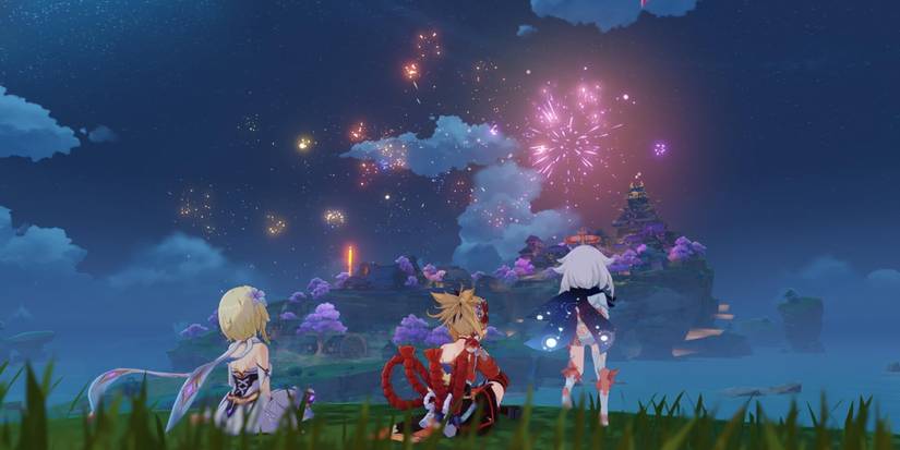 genshin impact naganohara firework show yoimiya lumine female traveler paimon story quest