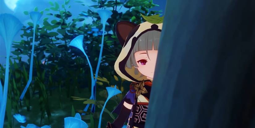 genshin impact sayu hiding behind a tree chinju forest