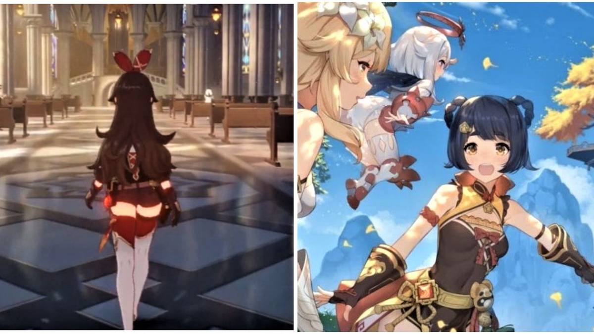 genshin impact amber favonius cathedral xiangling lumine female traveler paimon liyue wangshu inn official artwork split image