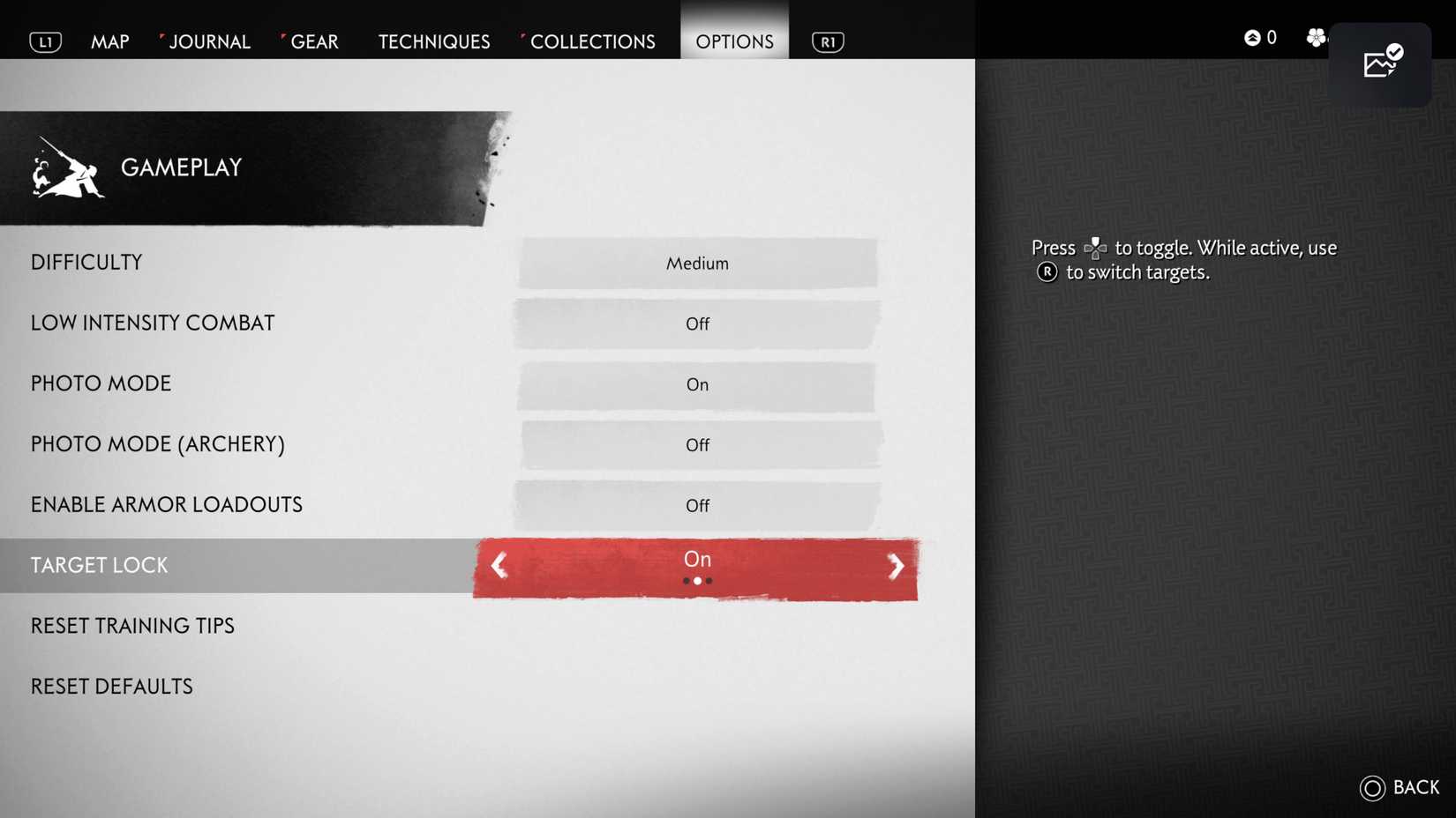 ghost of tsushima lock on menu