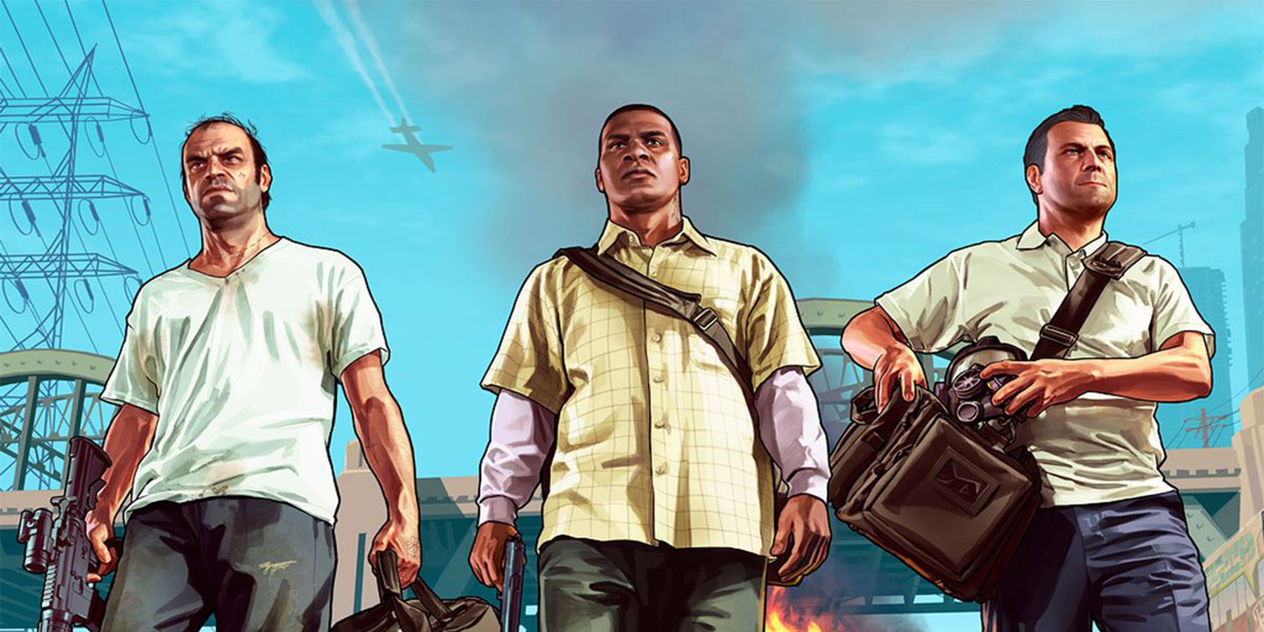 Grand Theft Auto 5 Trevor, Franklin, and Michael standing together