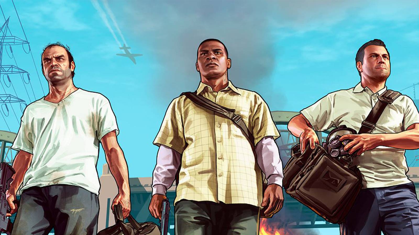 Grand Theft Auto 5 Trevor, Franklin, and Michael standing together