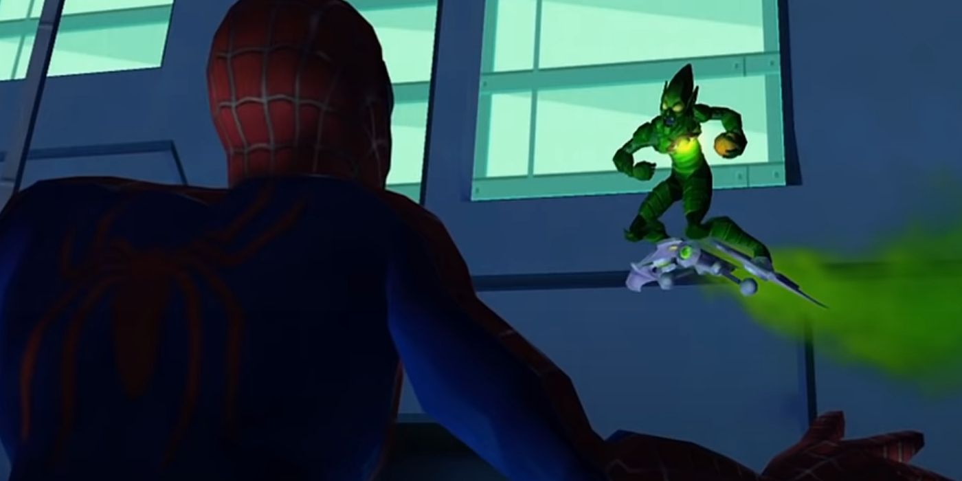 Spider-Man encounters the Green Goblin on his glider with green smoke coming from the back of it