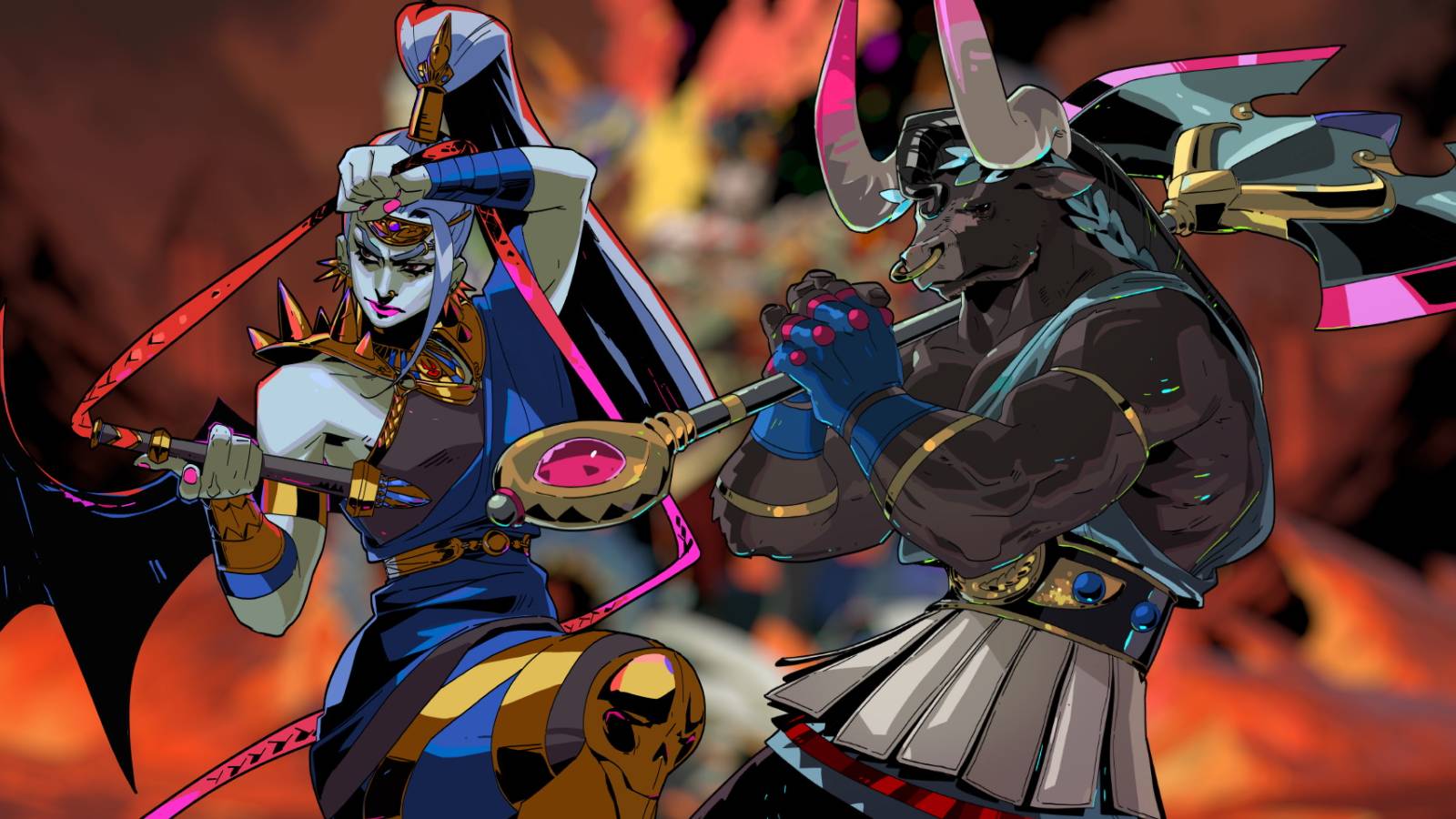 hades megaera and asterius on blurred background