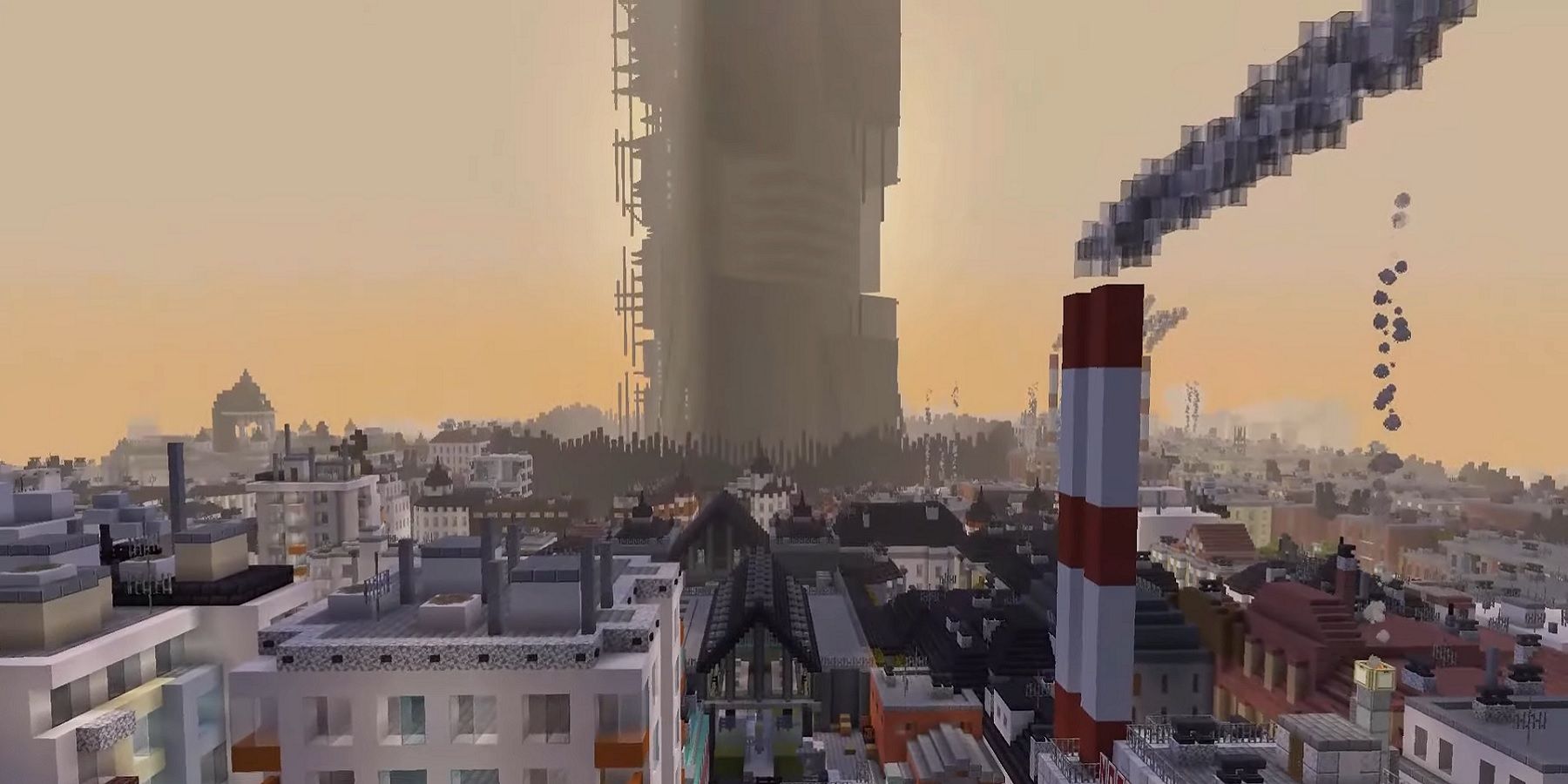 A screenshot from a Minecraft project which is a recreation of Half-Life 2, with the citadel in the background of the image.
