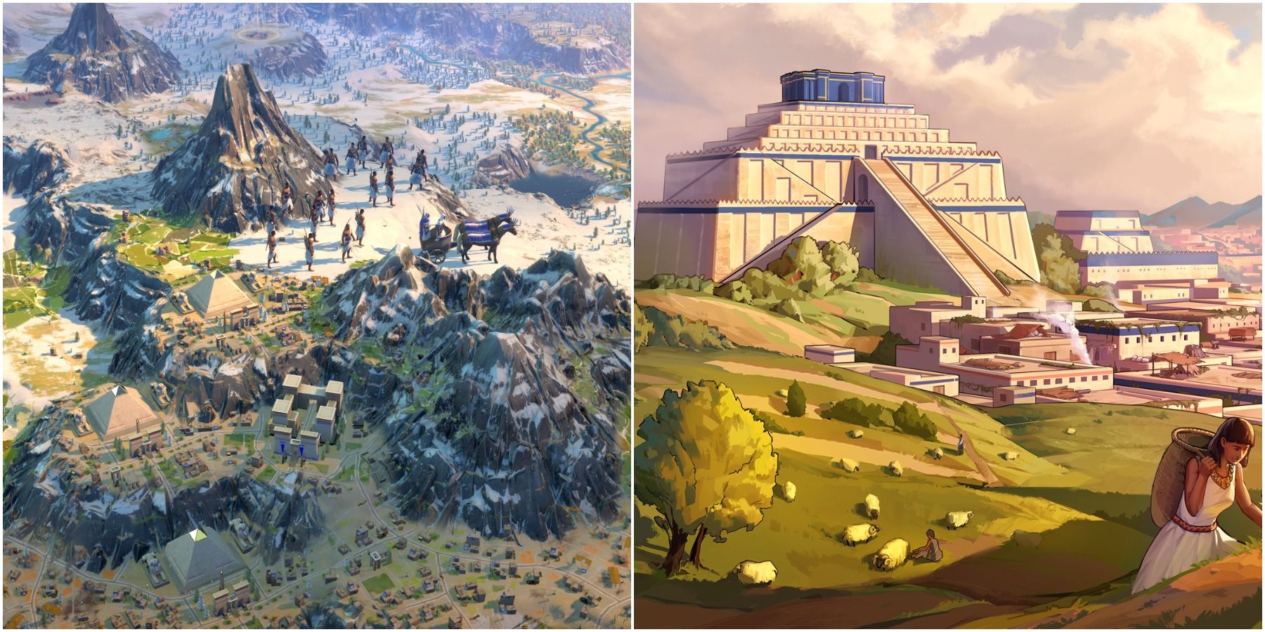 (Left) Units on a mountain (Right) Promotional image of a city and a women working