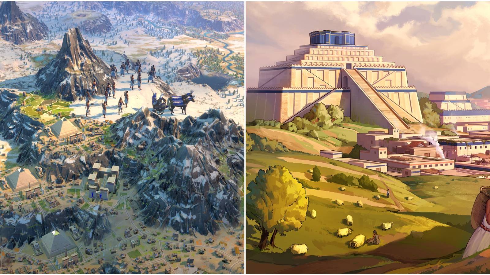 (Left) Units on a mountain (Right) Promotional image of a city and a women working