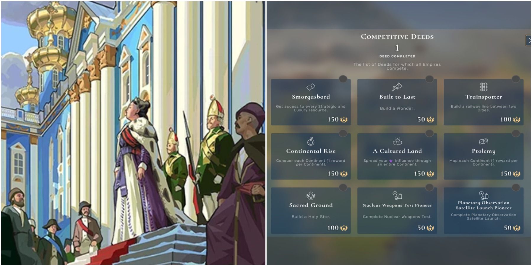 (Left) Queen standing proudly on a staircase (Right) Competitve Deeds overview