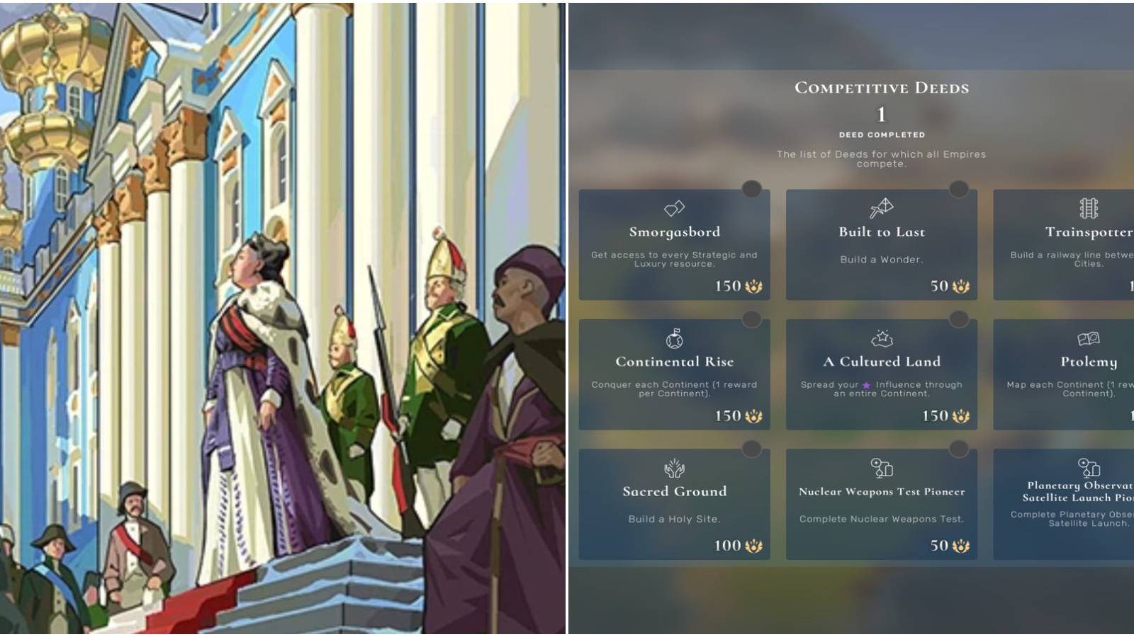 (Left) Queen standing proudly on a staircase (Right) Competitve Deeds overview