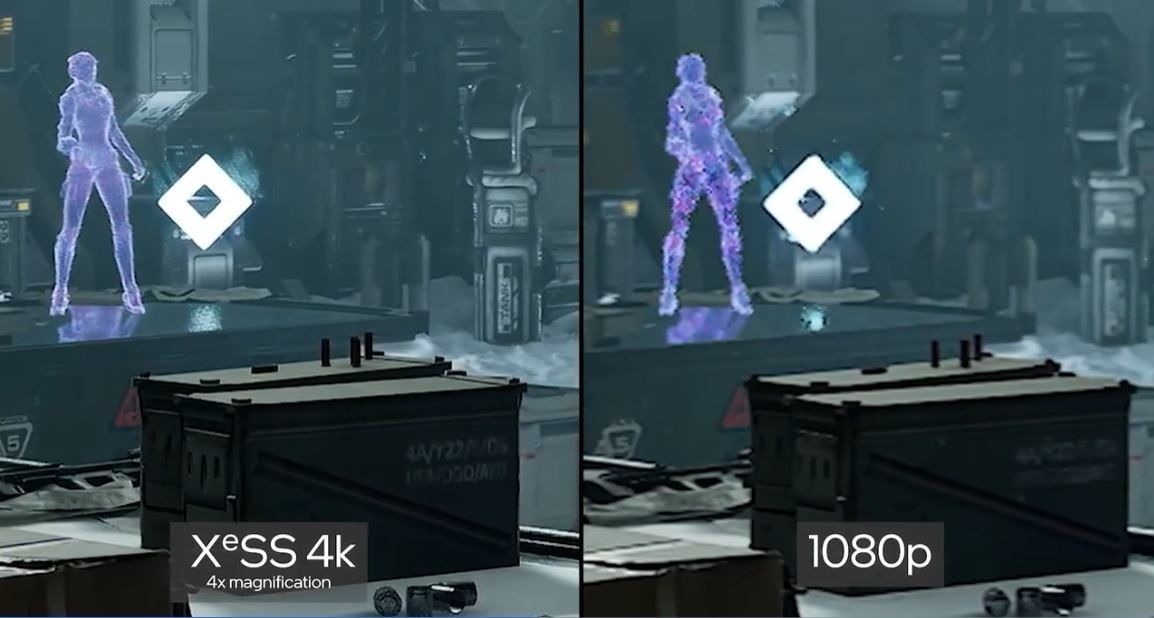 Screenshot showing a side-by-side comparison where the Intel Arc XeSS algorithm upscales the resolution to 4K.