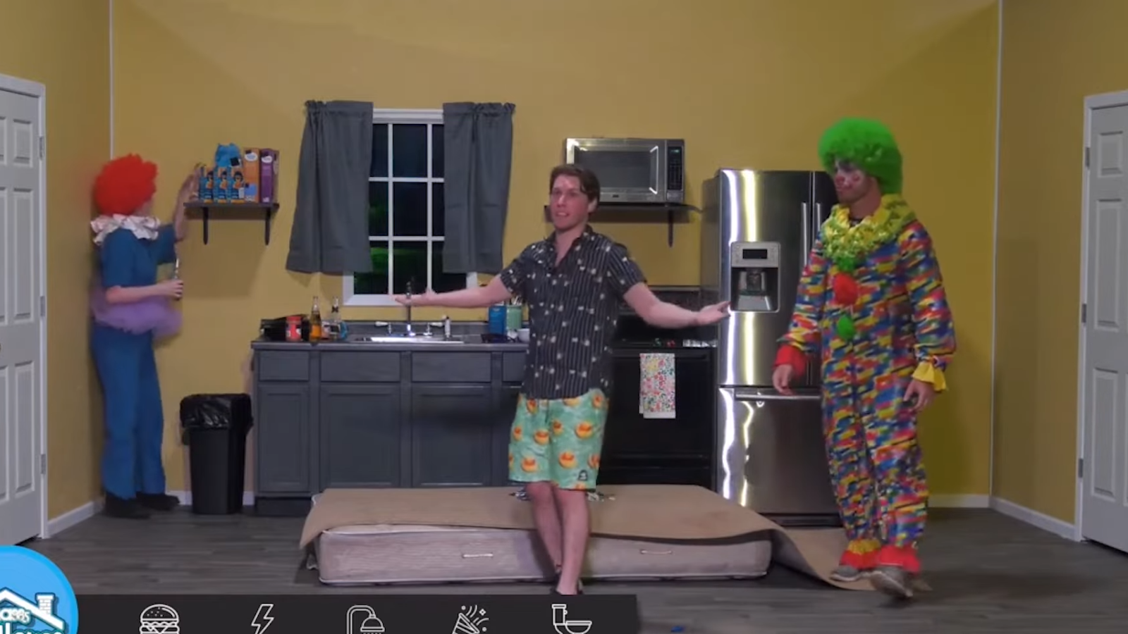 Featured image for Jerma985 Dollhouse, with two clowns and Jerma standing in a room