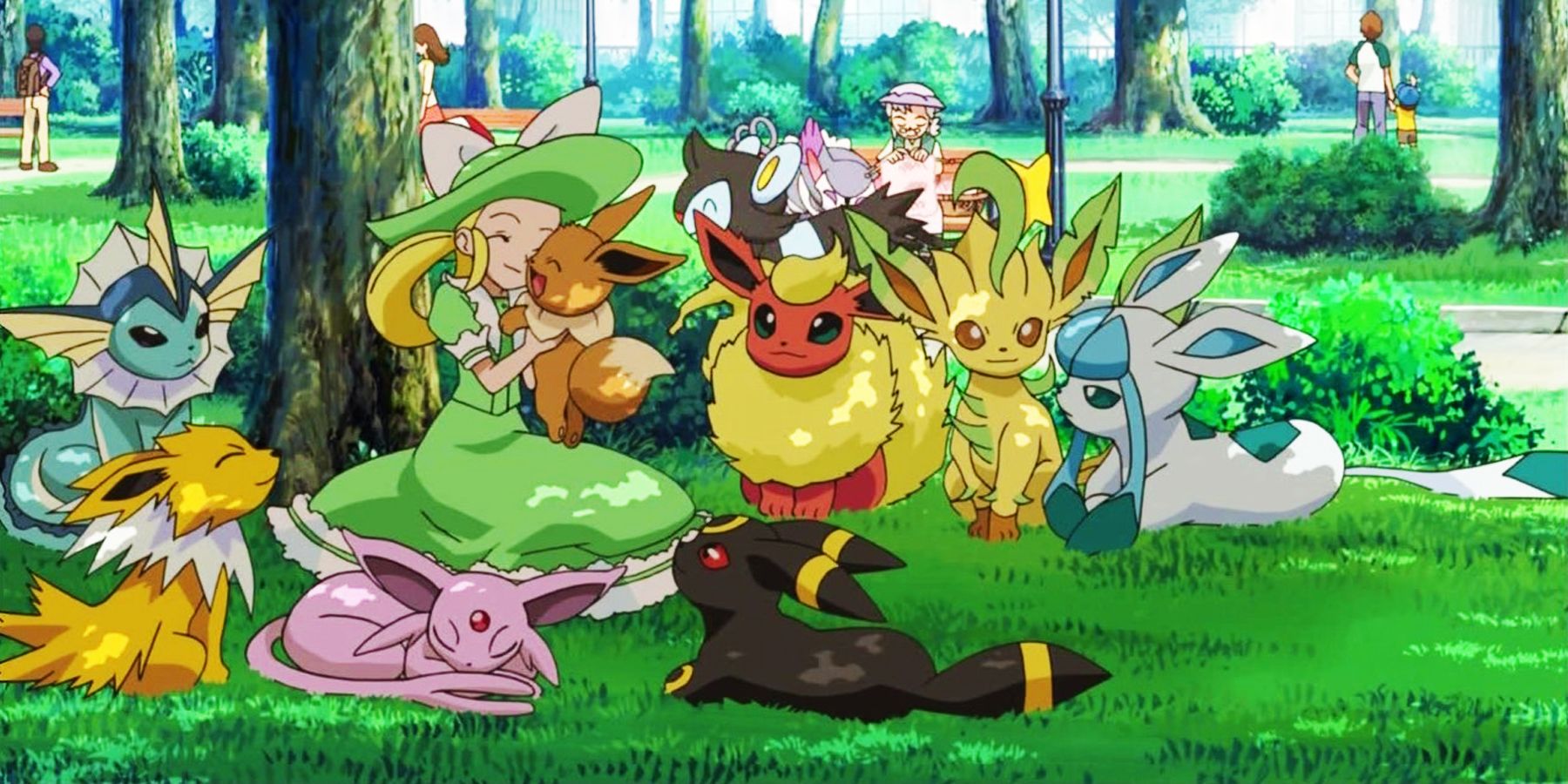 A Lady Pokemon Trainer holding an Eevee with Vaporeon, Jolteon, Espeon, Umbreon, Flareon, Leafeon, and Glaceon around them in a relaxed circle.