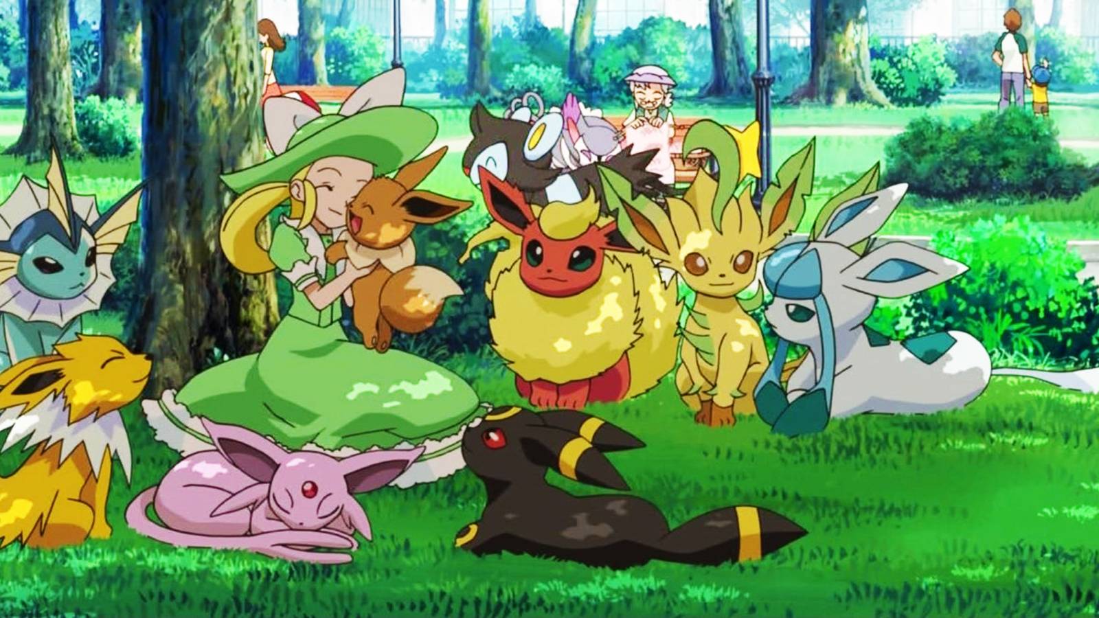 A Lady Pokemon Trainer holding an Eevee with Vaporeon, Jolteon, Espeon, Umbreon, Flareon, Leafeon, and Glaceon around them in a relaxed circle.