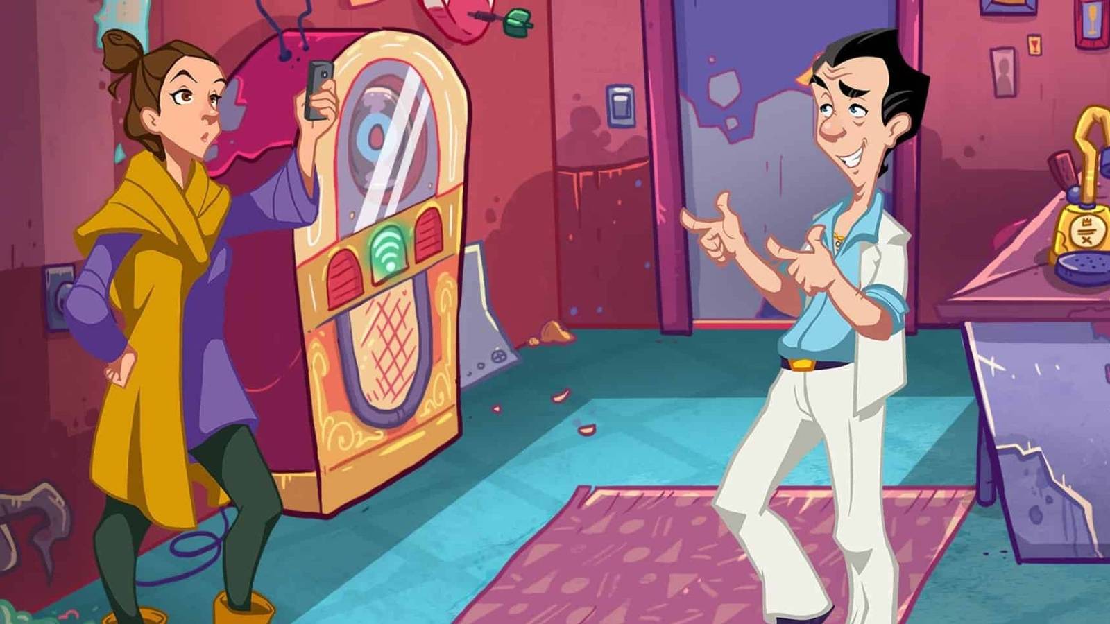 larry pointing at girl in a dirty room